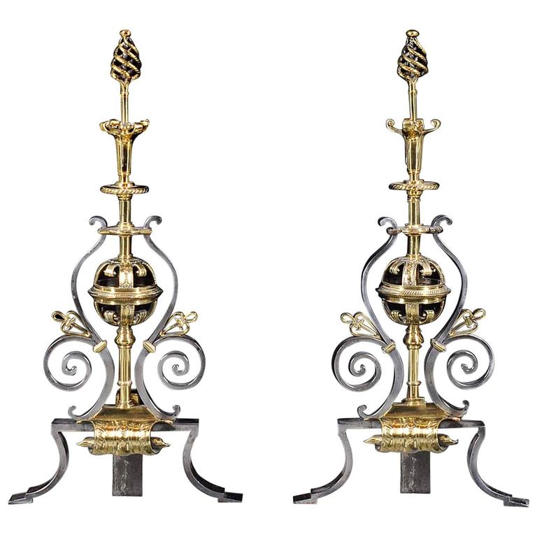 Pair of Victorian Polished Steel and Brass Antique Andirons For Sale at