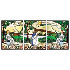 Late 20th Century Stained Glass Tryptich of Maidens in a Woodland Setting