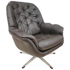 Mid-Century Retro Danish Brown Leather Swivel Lounge Easy Armchair, 1960s
