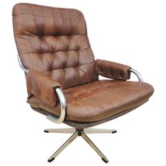 Mid-Century Vintage Danish Brown Tan Leather Swivel Lounge Easy Armchair, 1960s