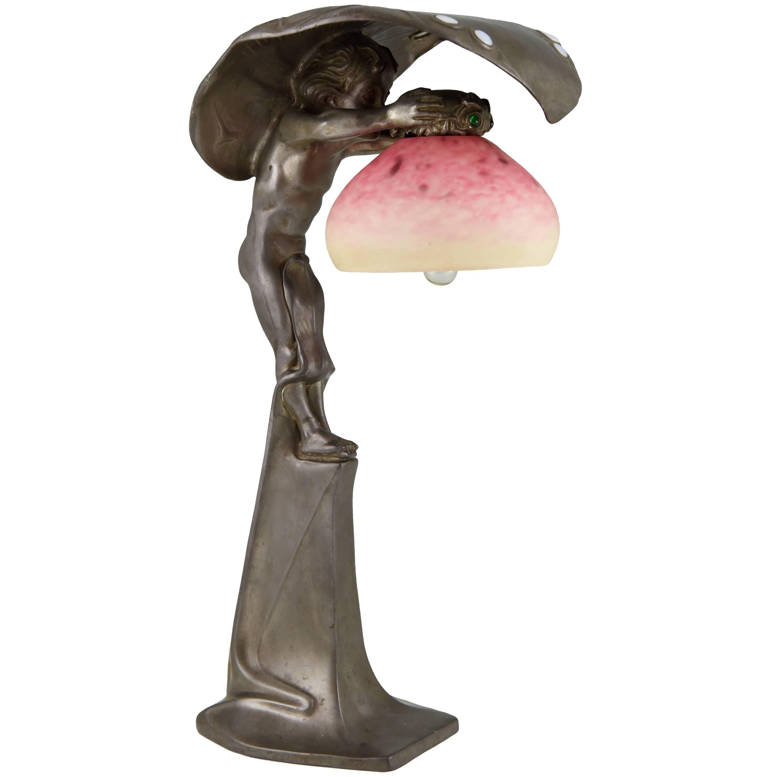 Art Nouveau Lamp with Boy under a Leaf, Osiris Peter Behrens Schule & Schneider