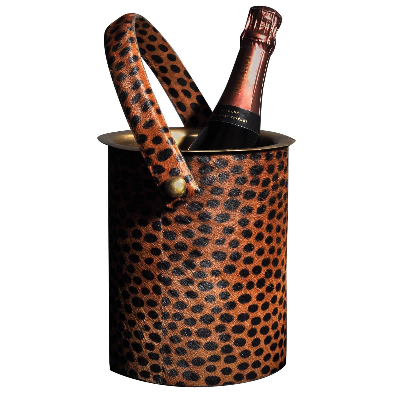 Wine Cooler in Faux Leopard Print and Brass For Sale
