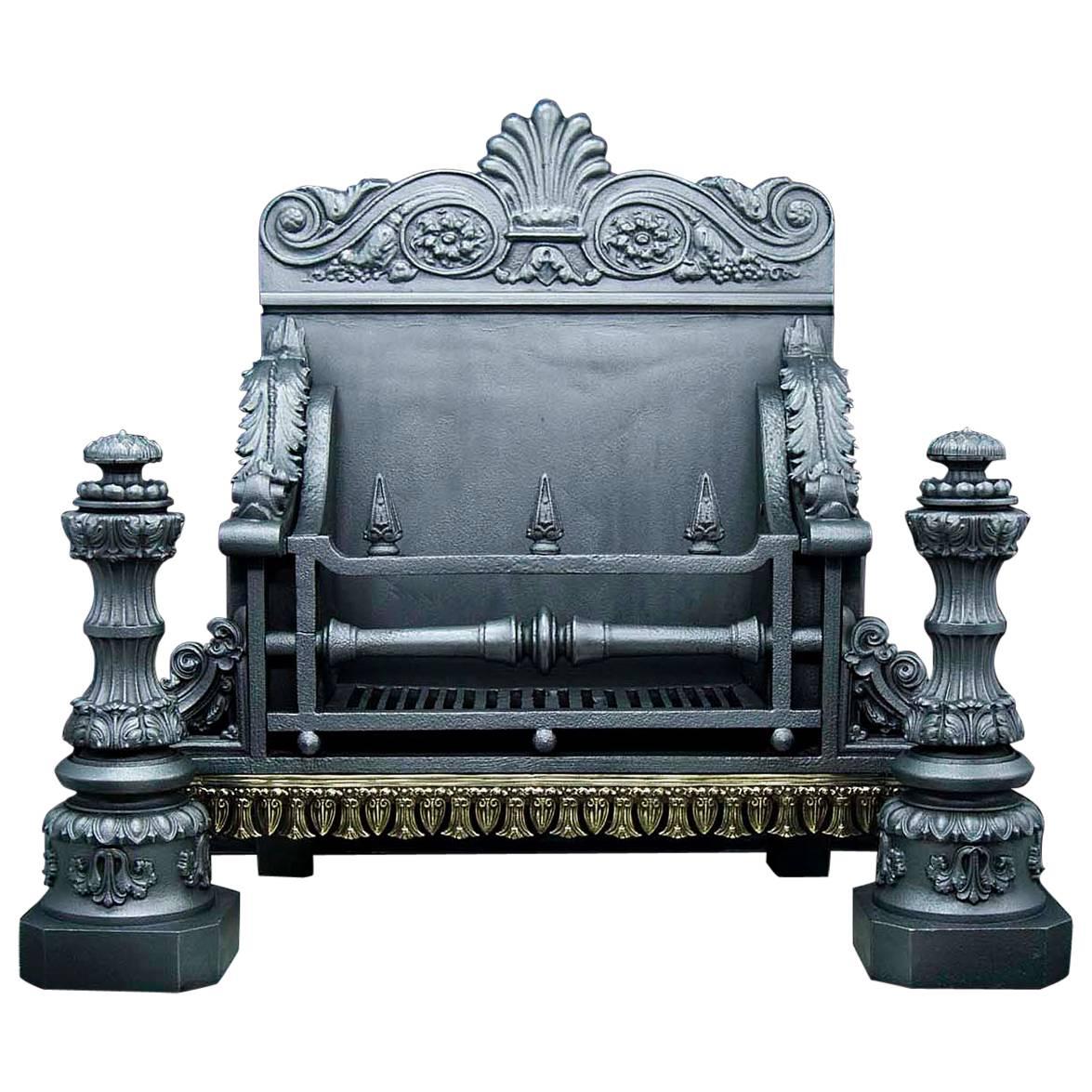 Large and Stately Antique Cast Iron Baroque Style Fireplace Grate, circa 1840 For Sale