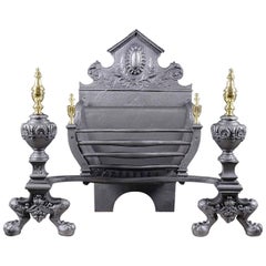 Large Antique Victorian Cast Iron and Brass Fireplace Grate, circa 1880