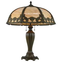 Signed Miller Art Nouveau Eight-Panel Slag Glass Lamp in Caramel