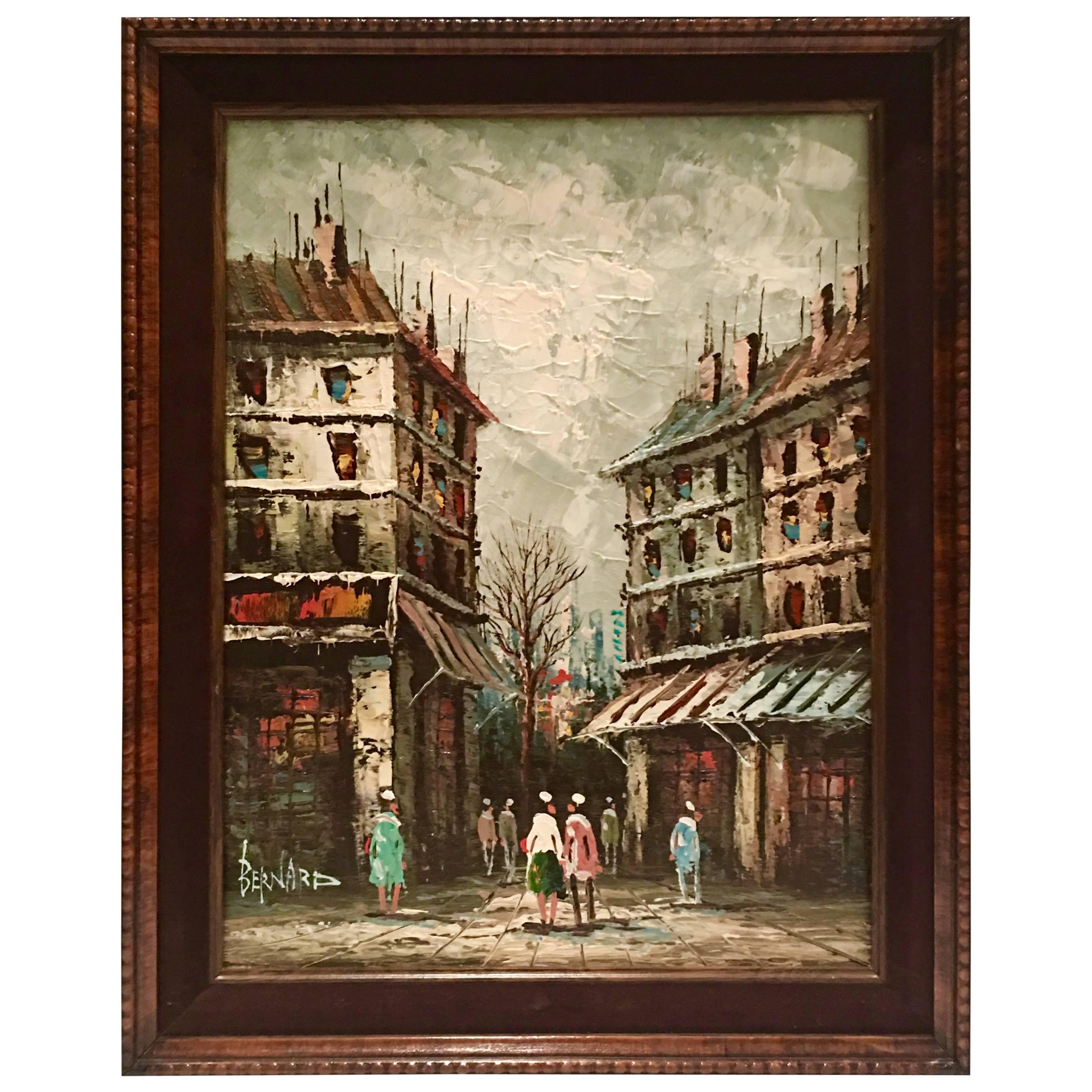 Mid-Century Original Oil on Canvas Paris Street Scene Painting by Bernard