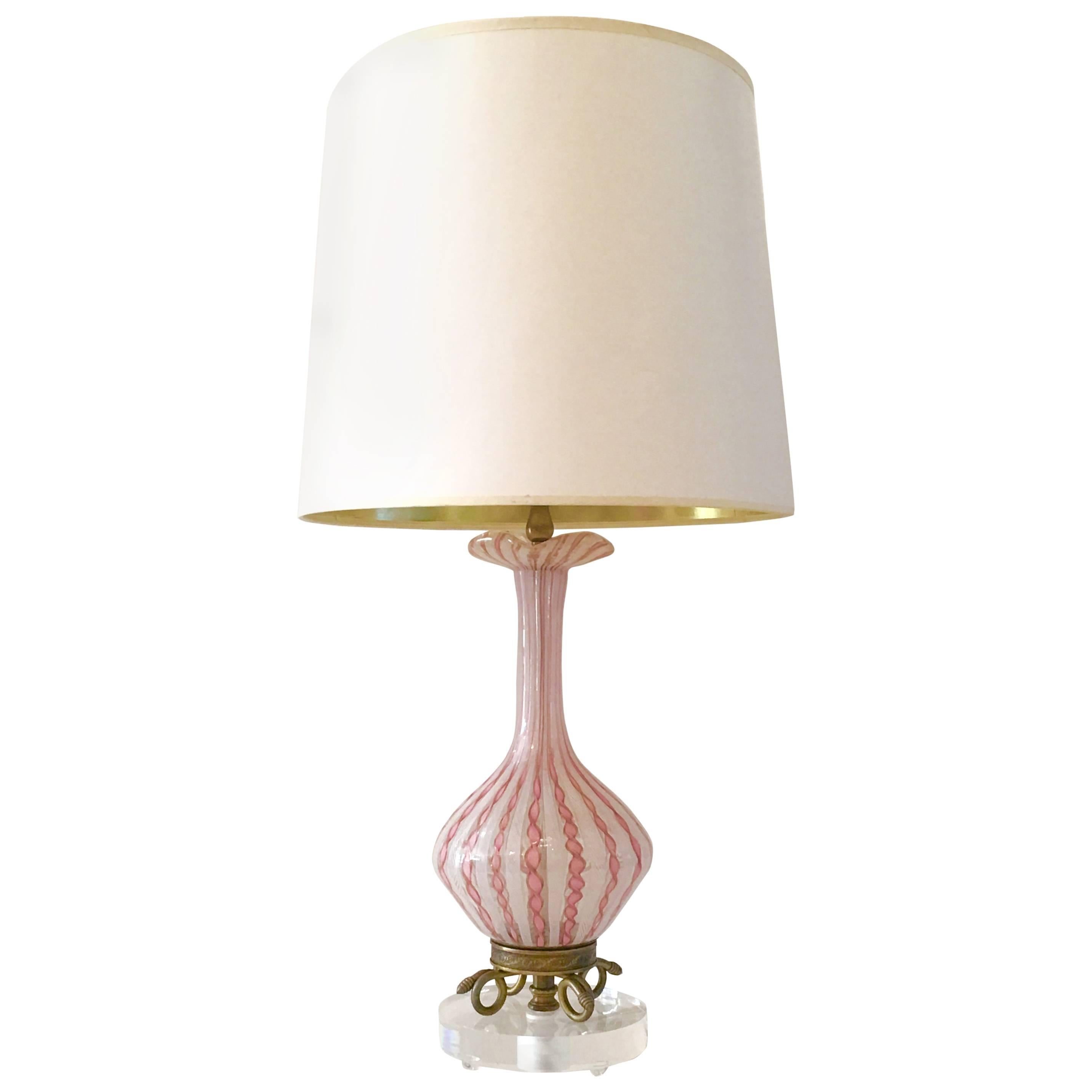 Vintage Italian Murano Glass Pink and White Latticino Gold Fleck Lamp