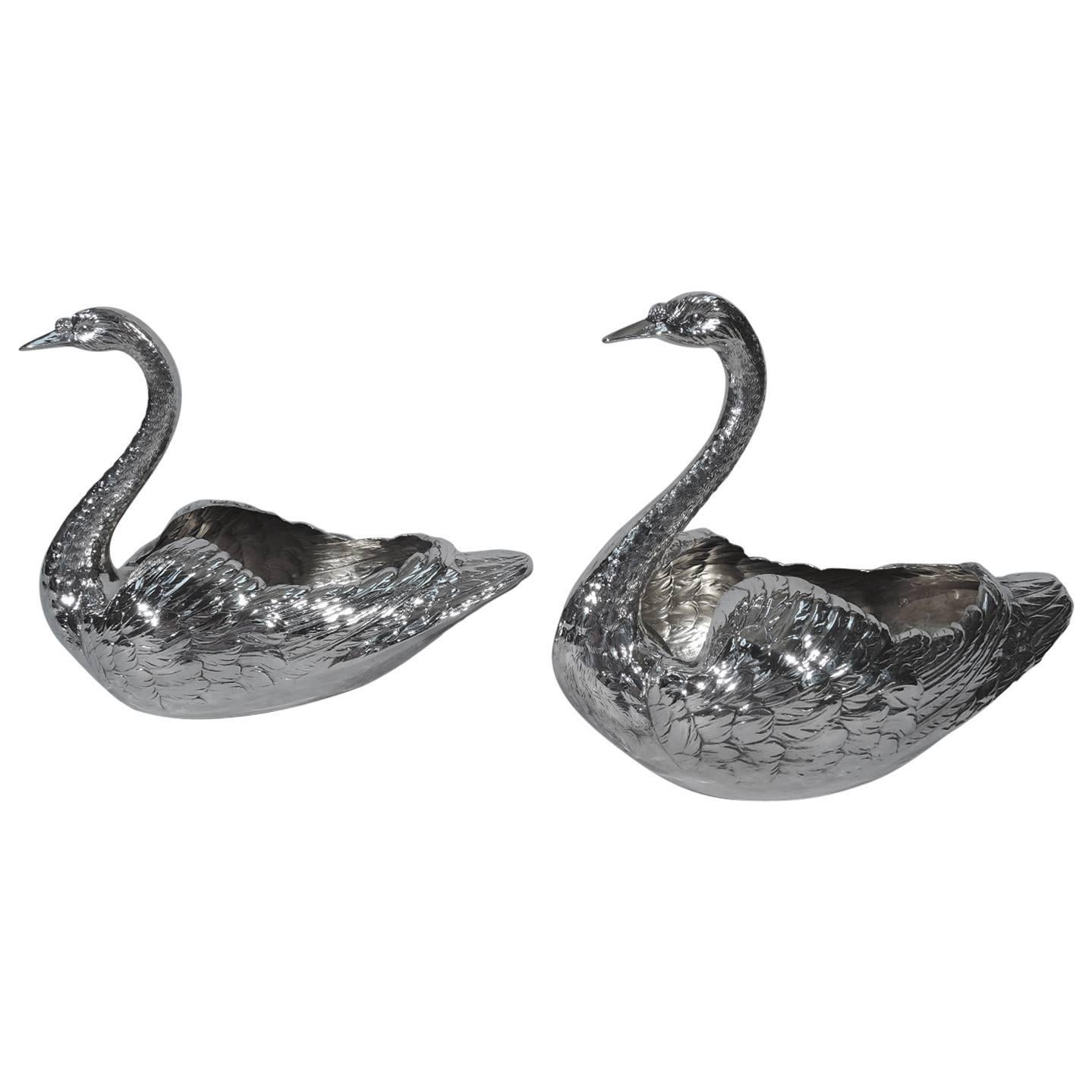 Pair of Antique American Sterling Silver Swan Bowls
