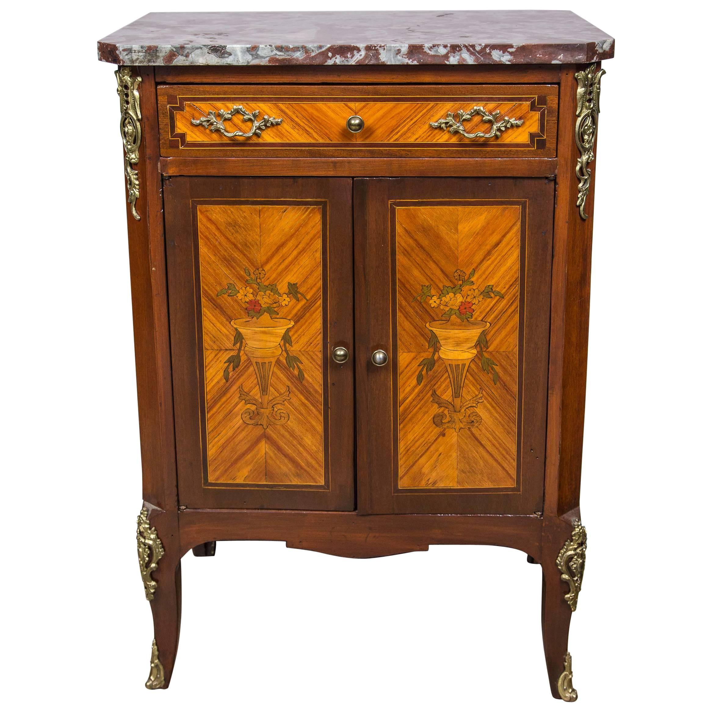Inlaid Louis XV Style Small Double Door Marquetry Cabinet For Sale