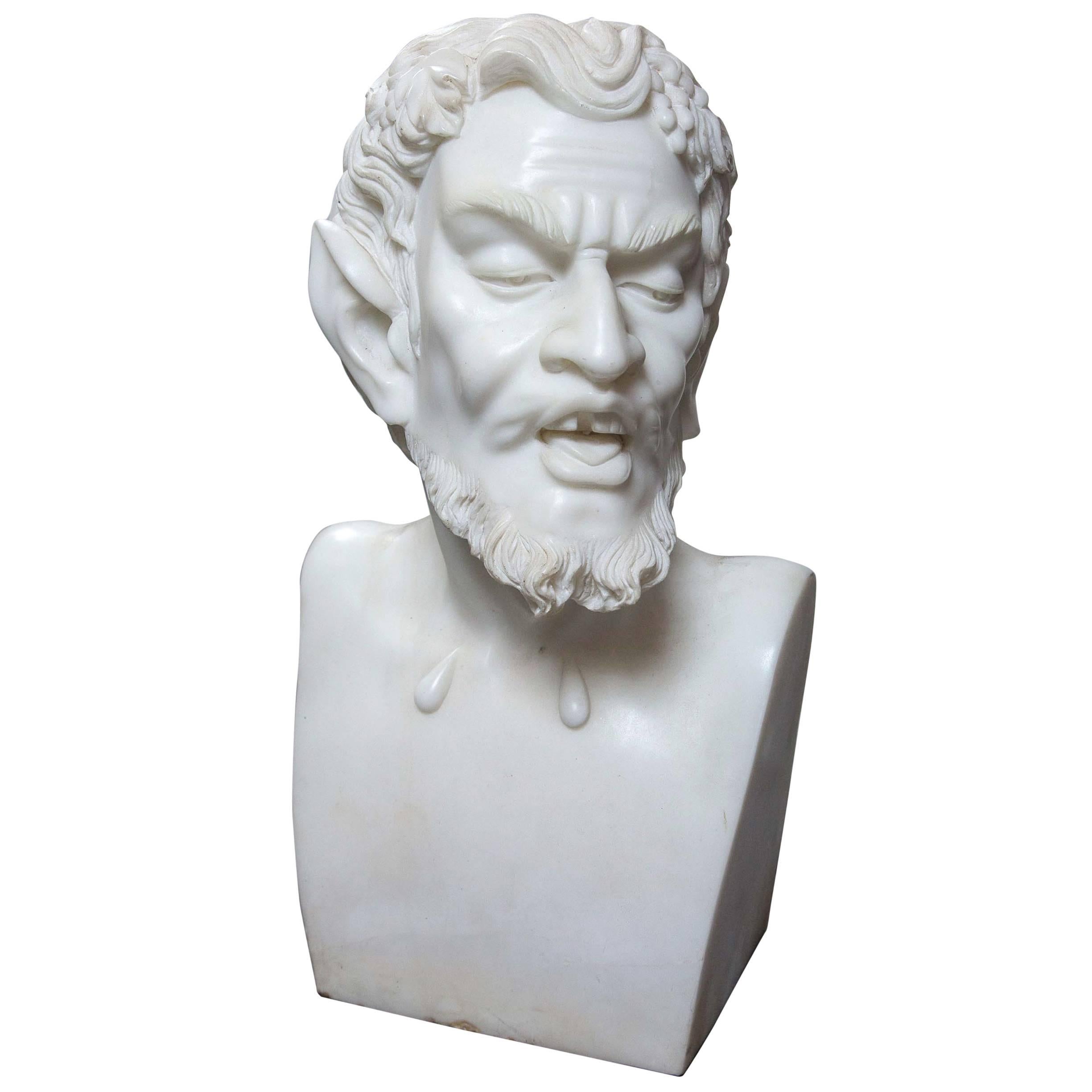 Solid White Marble Bust of the Satyr For Sale