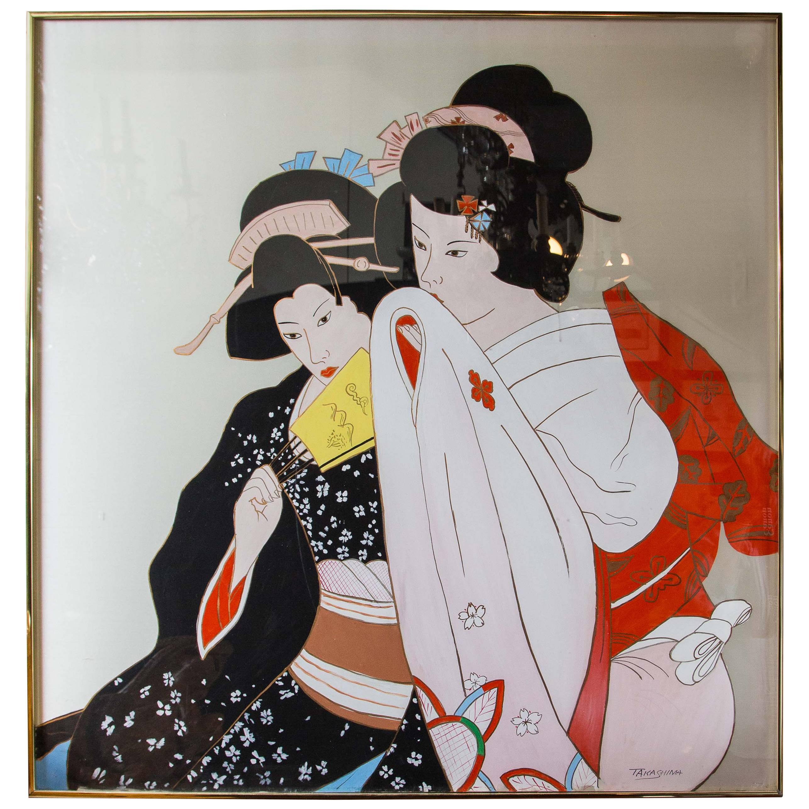 Japanese Silk Screen of Two Geishas