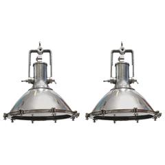 Pair of Rare, Large Chrome Nautical Deck Lights, Mid-Century