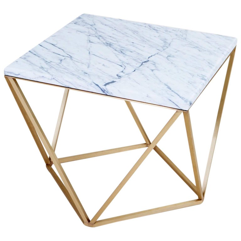 Dusk Side and Accent Table in Honed White Marble and Brushed Brass For