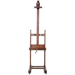 19th Century Solid French Oak Artist's Easel with Crank, Adjustable
