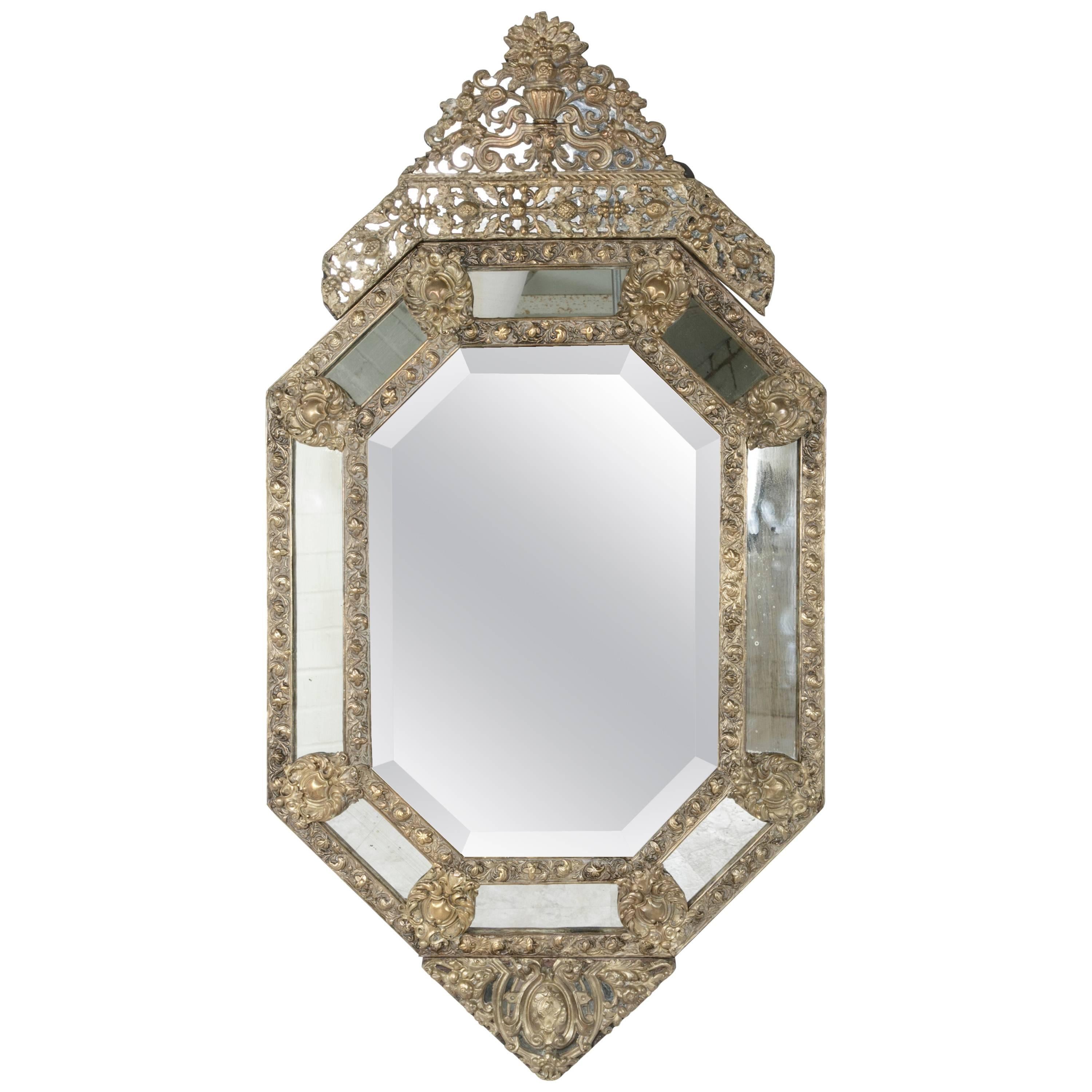 Large Napoleon III Period Bronze Repoussé Cushion Mirror with Octagonal Frame