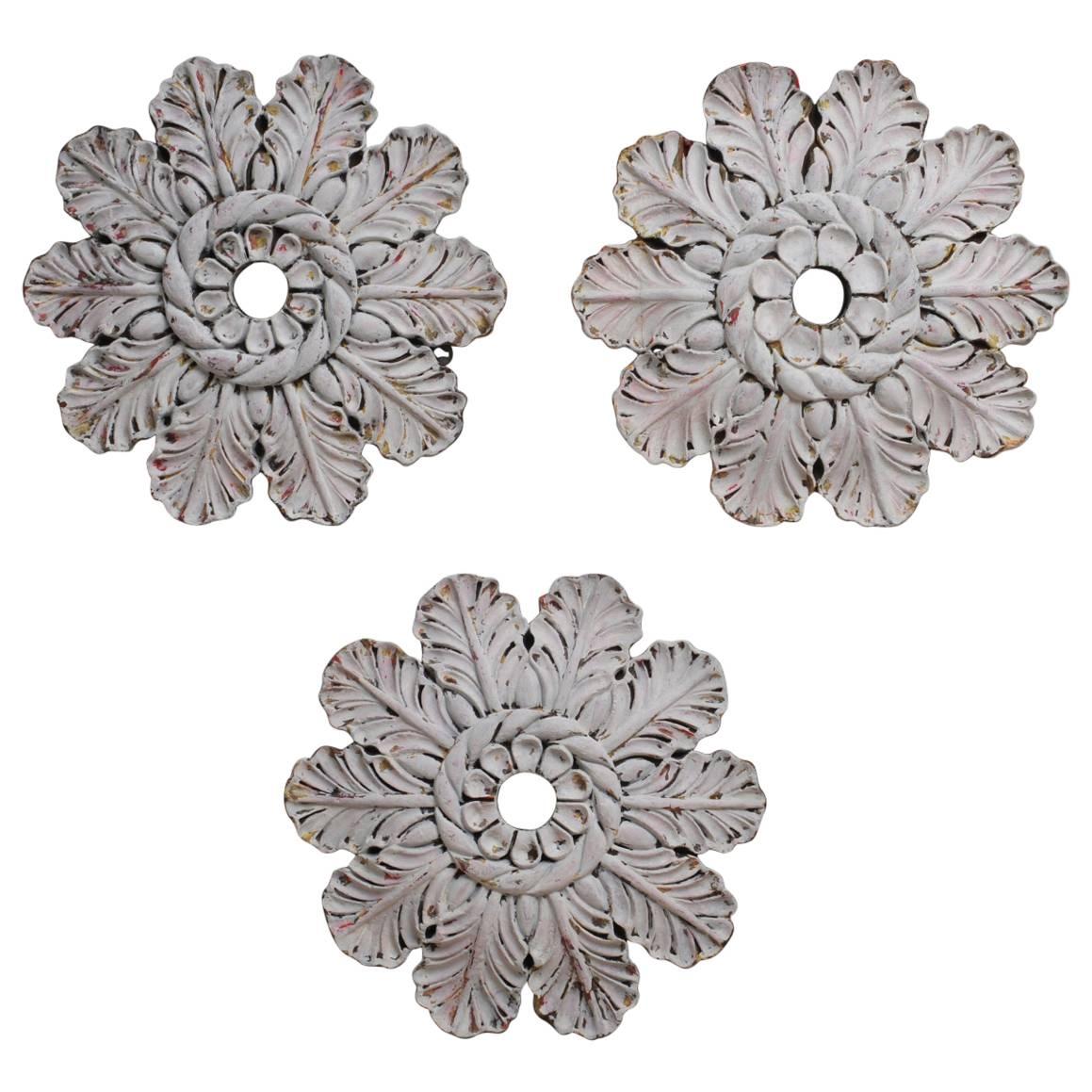 Set of Three Large Carved Wooden Ceiling Medallions with Original Paint