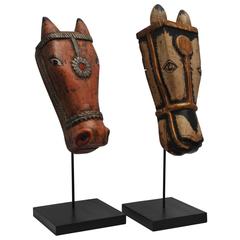 "Mr. and Mrs." Carved and Painted Wooden Festival Horse Masks on Custom Stand