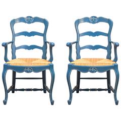 Pair of French Blue Carved Ladder Back Chairs
