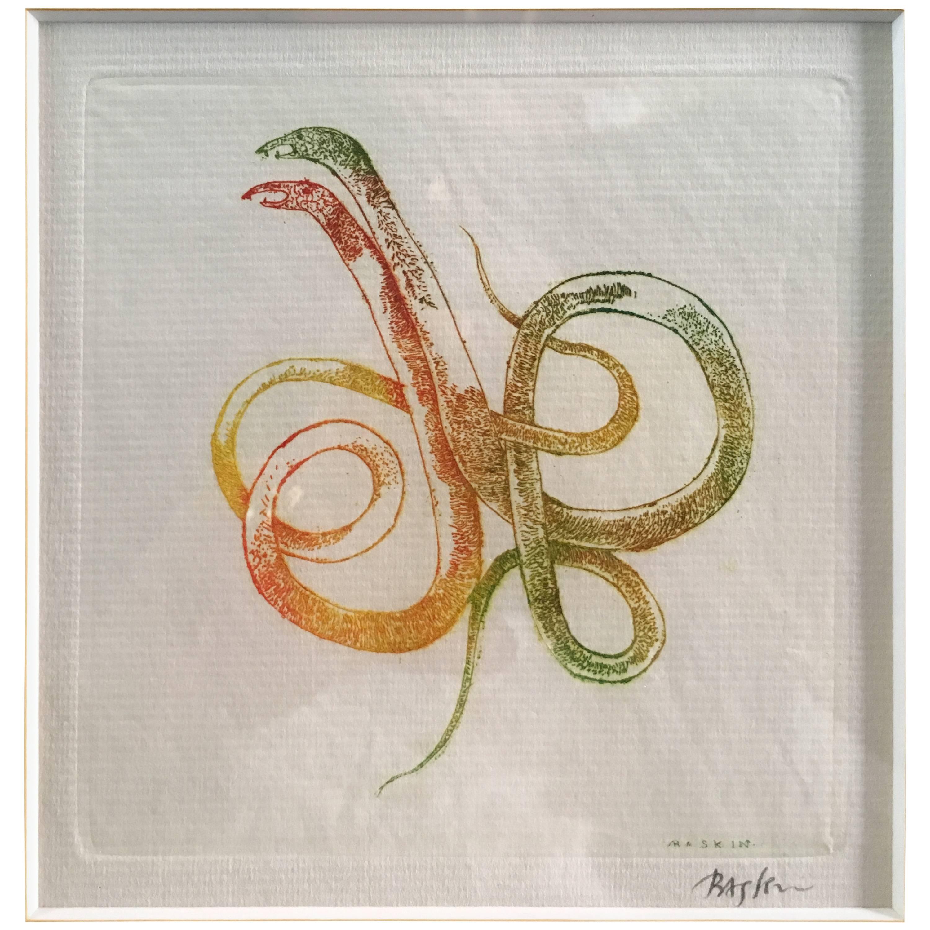 "Snakes Mating" Color Etching by Leonard Baskin, 1971 For Sale