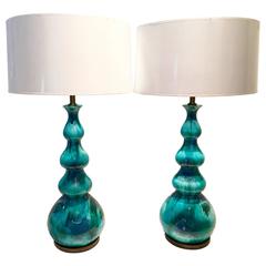 Fine Pair Of Italian Mid-Century Modern Ceramic Glaze Four Gourd "Lava" Lamps