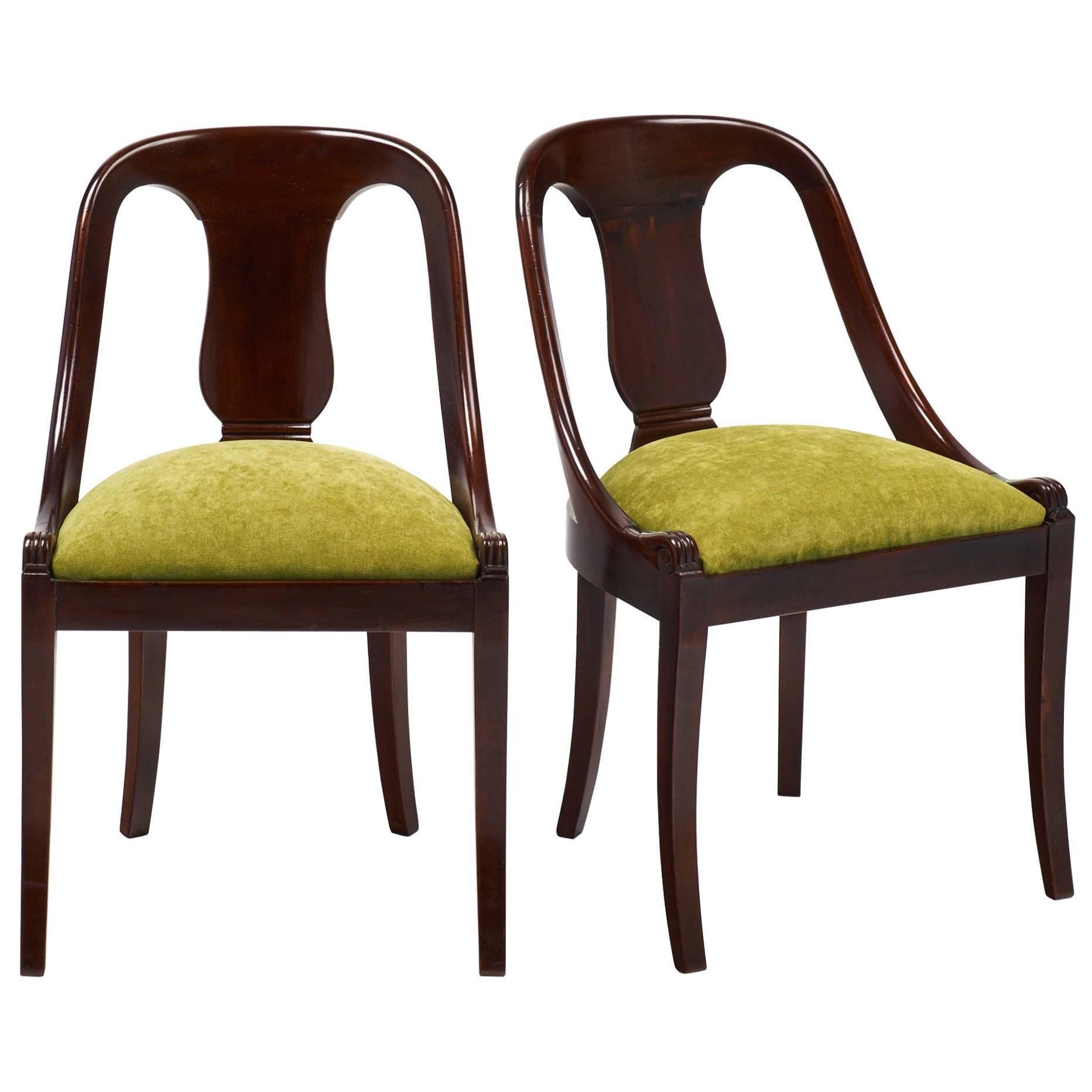 French Empire Style Pair of Solid Mahogany Gondola Chairs