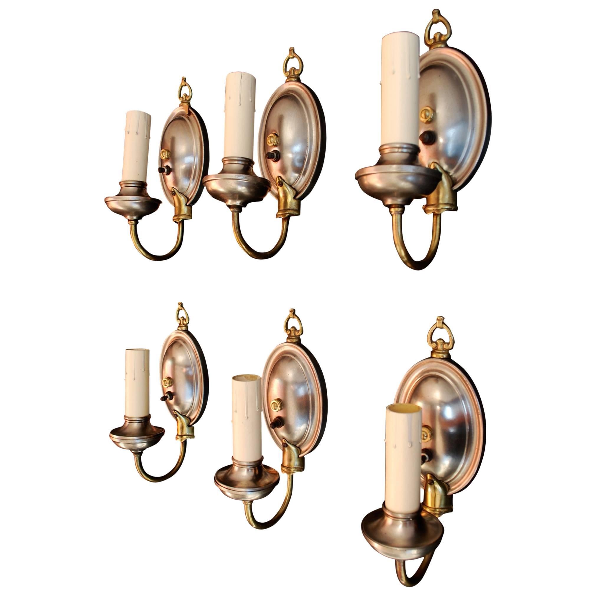Beautiful Set of Six 1920 Metal and Brass Sconces For Sale