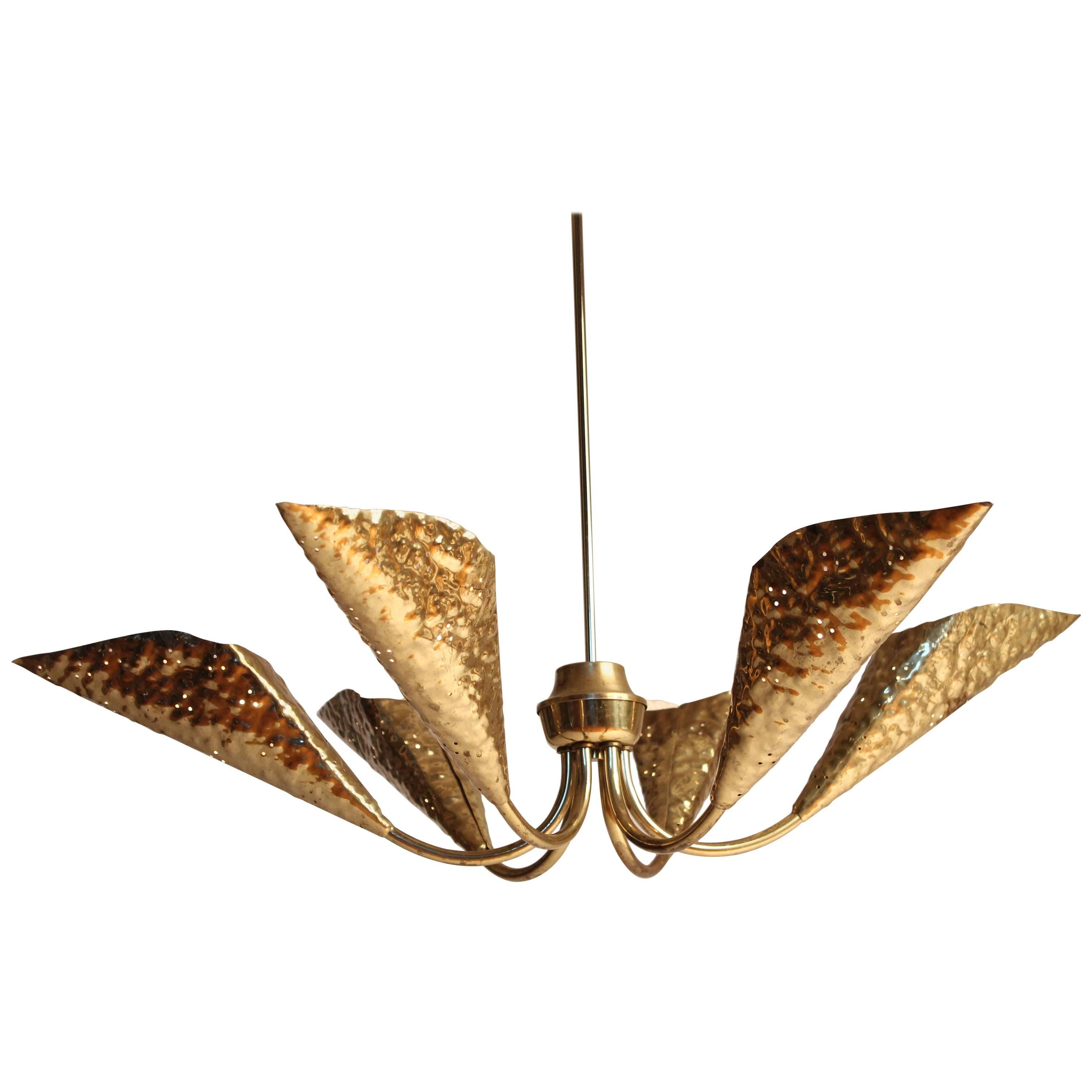 Hand-Hammered Six-Arm Brass Chandelier in the style of Arredoluce , 1950s, Italy