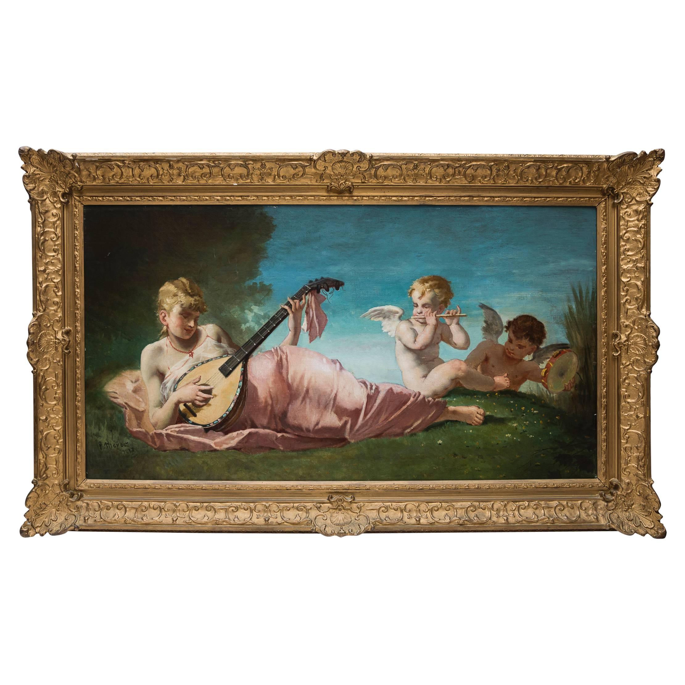 Musicians Puttis Oil on Original Panel by Lazare Meyer, 19th Century For Sale