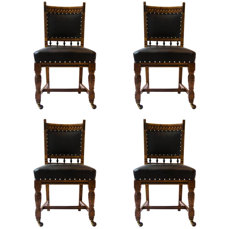 Lambs Of Manchester A Set Four Aesthetic Movement Oak Leather Dining Chairs For Sale Lambs Of Manchester A Set Four Aesthetic Movement Oak Leather Dining Chairs For Sale