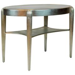 Vintage Deco Style Modern Oval Silvered Two-Tier Cocktail Table with Glass Top