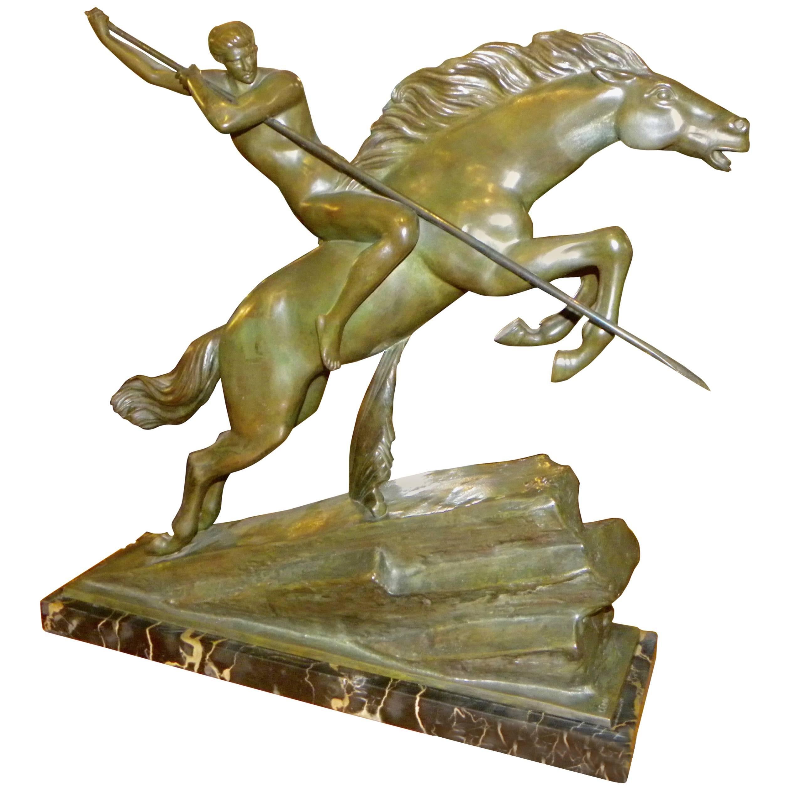 Bronze Art Deco Warrior Sculpture by Armand Lemo