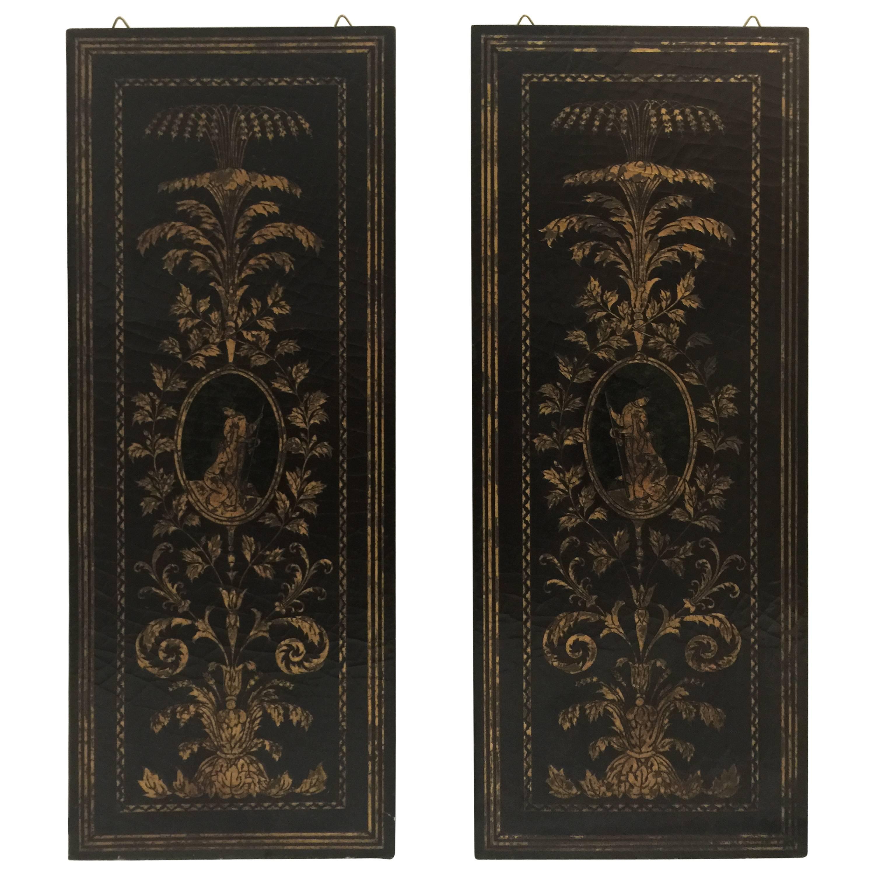 Italian 19th Century Black Lacquer and Gilt Wall Screens, a Pair