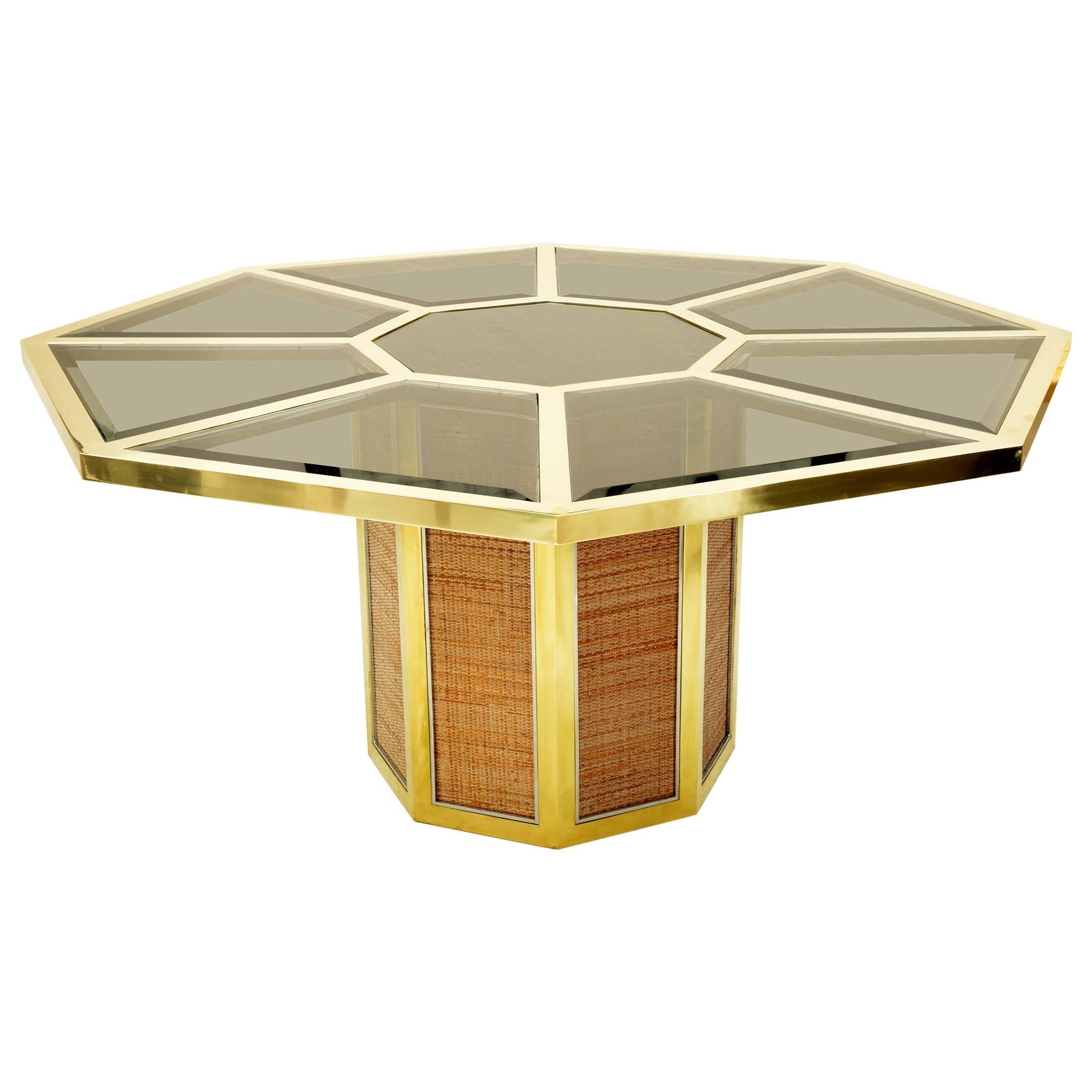 Stunning Octagonal Table by Romeo Rega, Brass and Fumè Color Beveled Glass