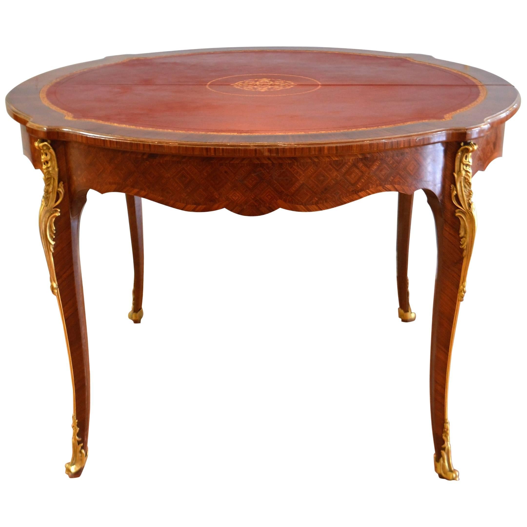 Louis XV Style Round Games Table with Bronze Details and Leather Top
