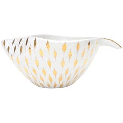 Aldo Londi For Bitossi Feather Plume Ceramic Bowl Vintage White And Gold