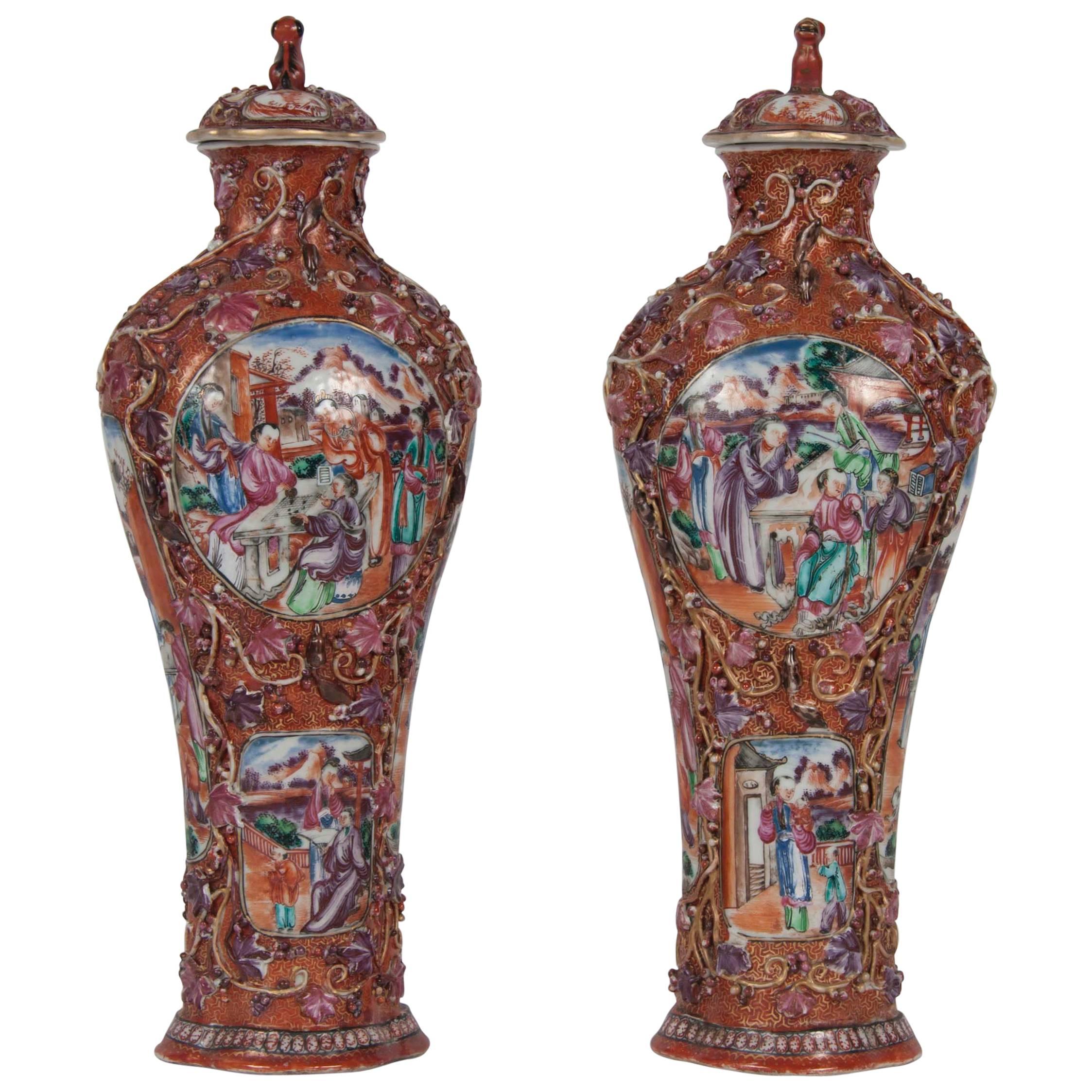 Fabulous Pair of 18th Century Chinese Covered Urns For Sale