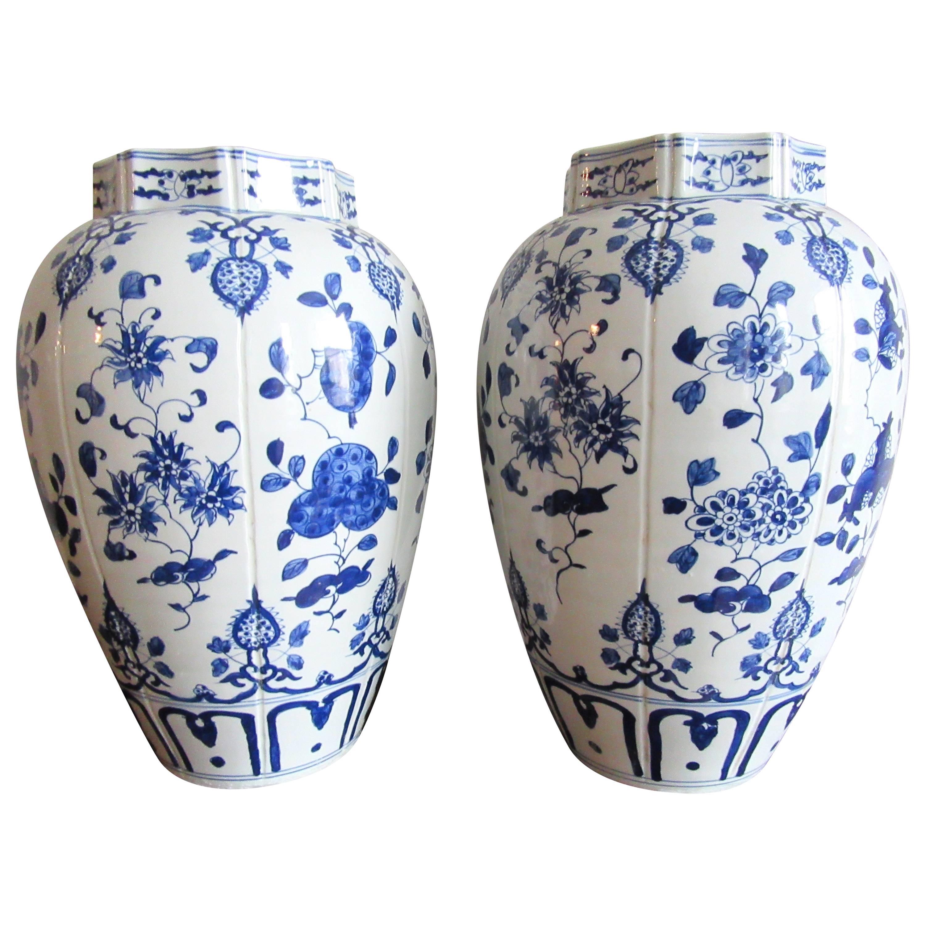 Large Pair of Chinese Blue and White Porcelain Vases