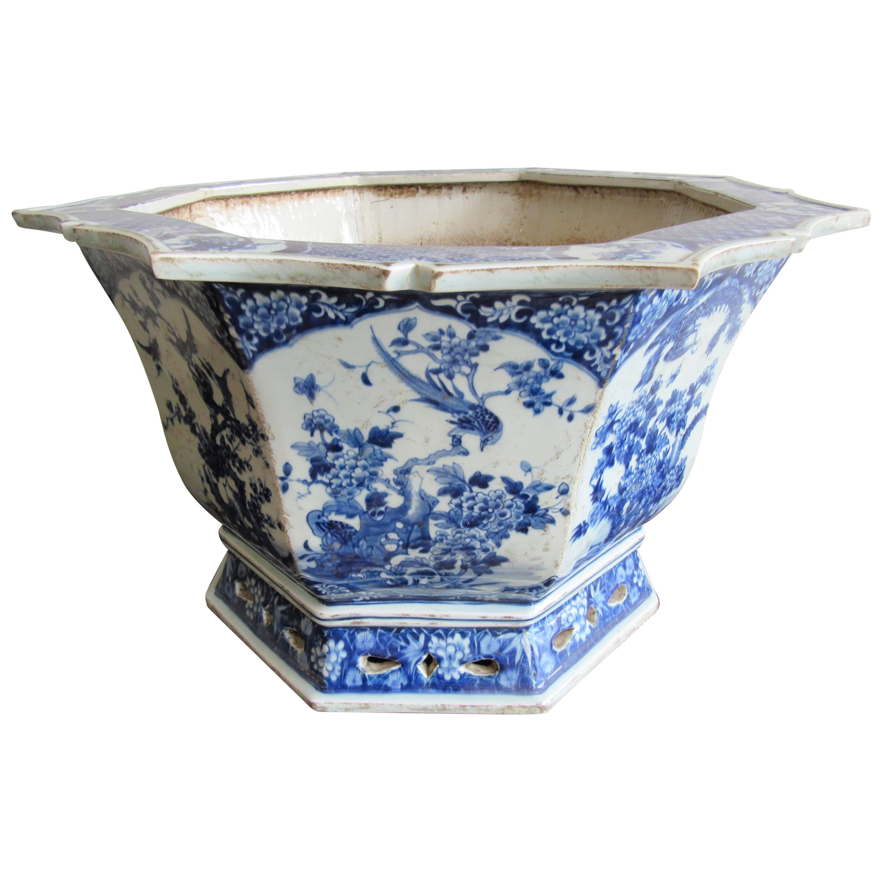 Large Chinese Blue and White Porcelain Jardinière For Sale