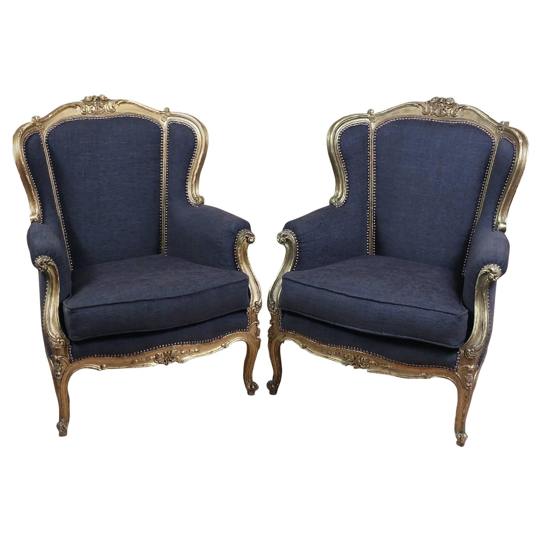 Pair of Late 19th Century French Carved Giltwood Framed Armchairs
