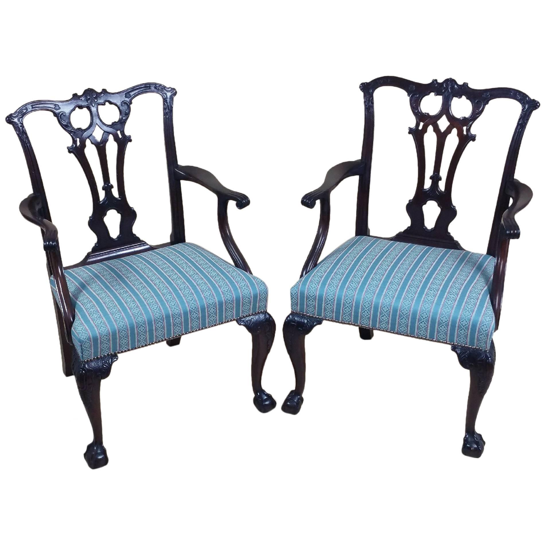 Pair of 18th Century English Chippendale Carved Mahogany Elbow Chairs