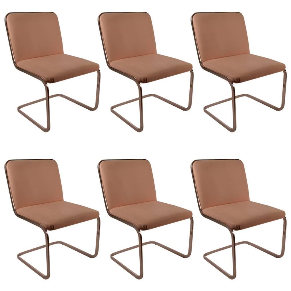 Set of Six Cantilevered Chrome Dining Chairs by Brueton