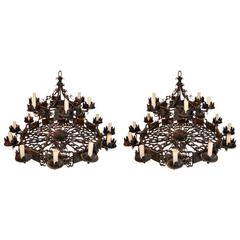 Rare and Impressive Large Pair of Wrought Iron and Wood 18 Lights Chandeliers