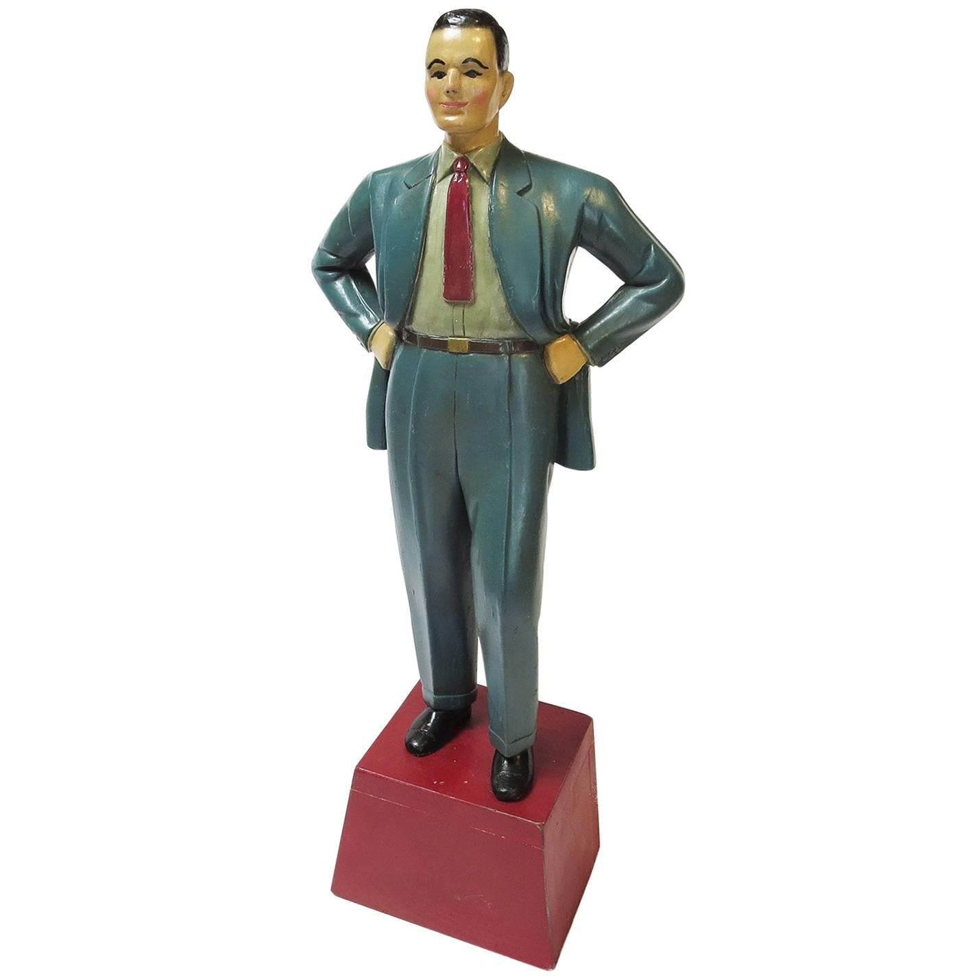 1940s Carved Wooden Painted Gentleman Counter Display in Blue Suit