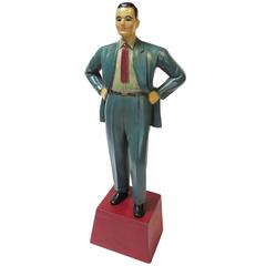 1940s Carved Wooden Painted Gentleman Counter Display in Blue Suit