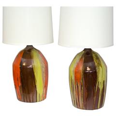 Retro Pair of Large Ceramic Drip Glazed Lamps