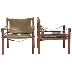 Arne Norell Safari Sirocco Chairs, Rosewood and Green Leather, Sweden, 1960s