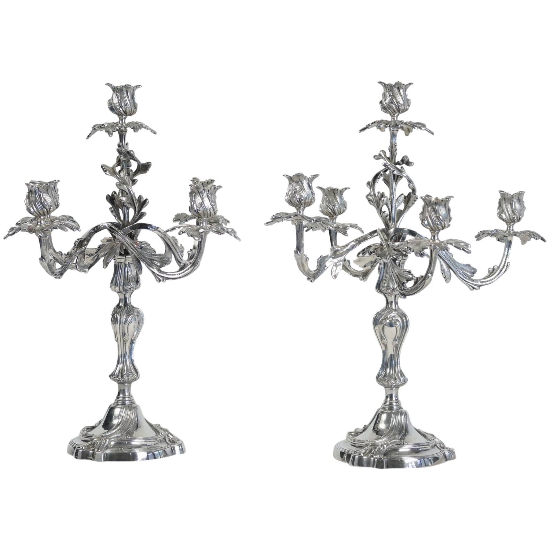 French Louis XV Style, Pair of Silverplate Candelabras Circa 1860