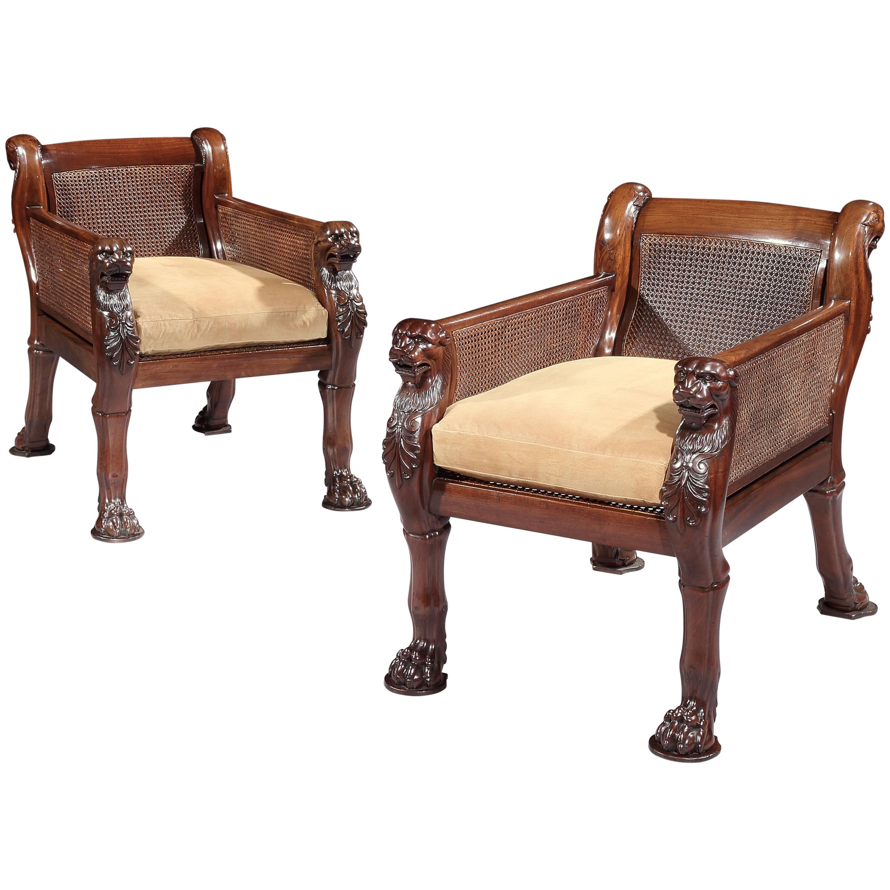 Pair of Regency Mahogany Bergère Chairs For Sale