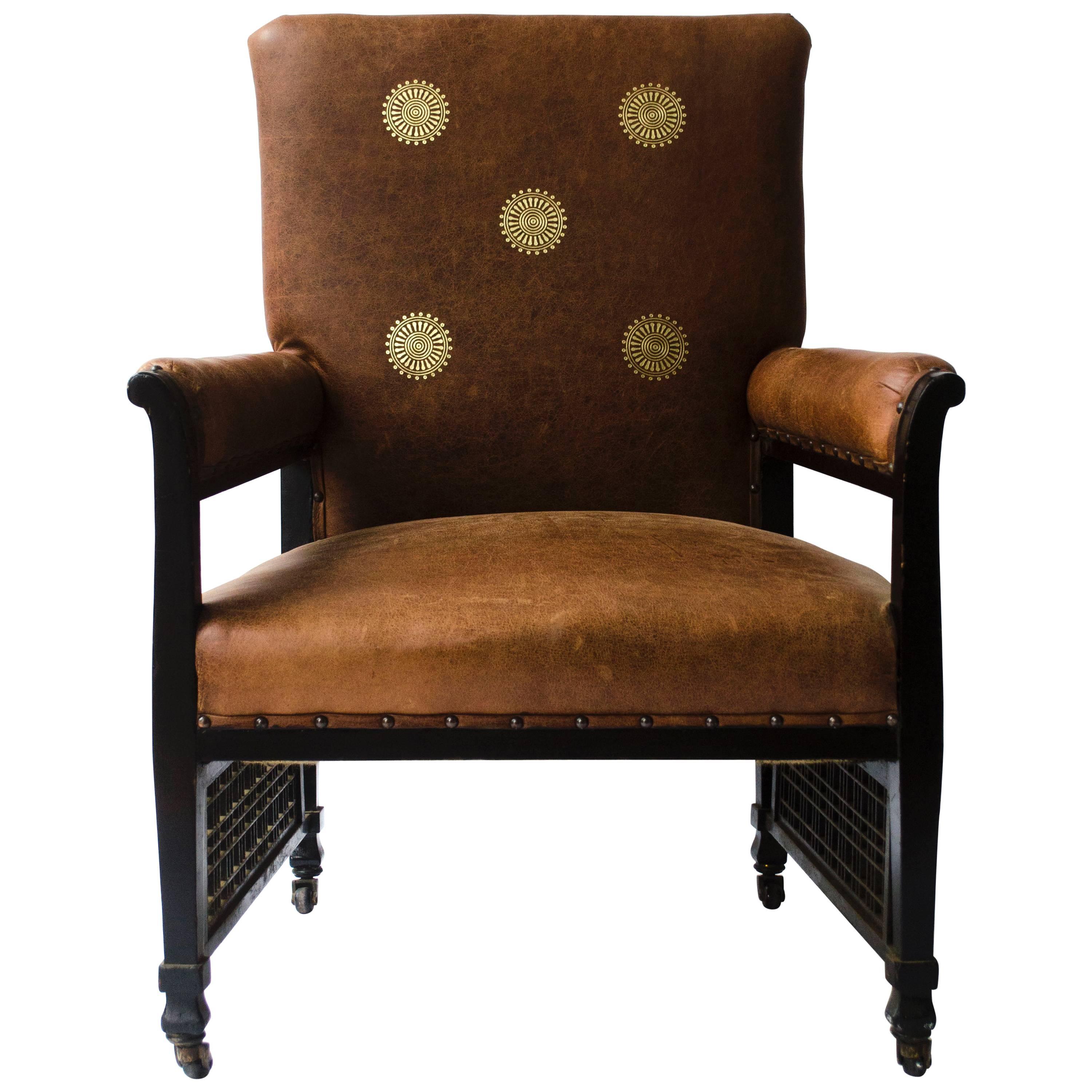 An Anglo-Japanese Lounge Chair with EW Godwin Design Embossed Leather Sunflowers