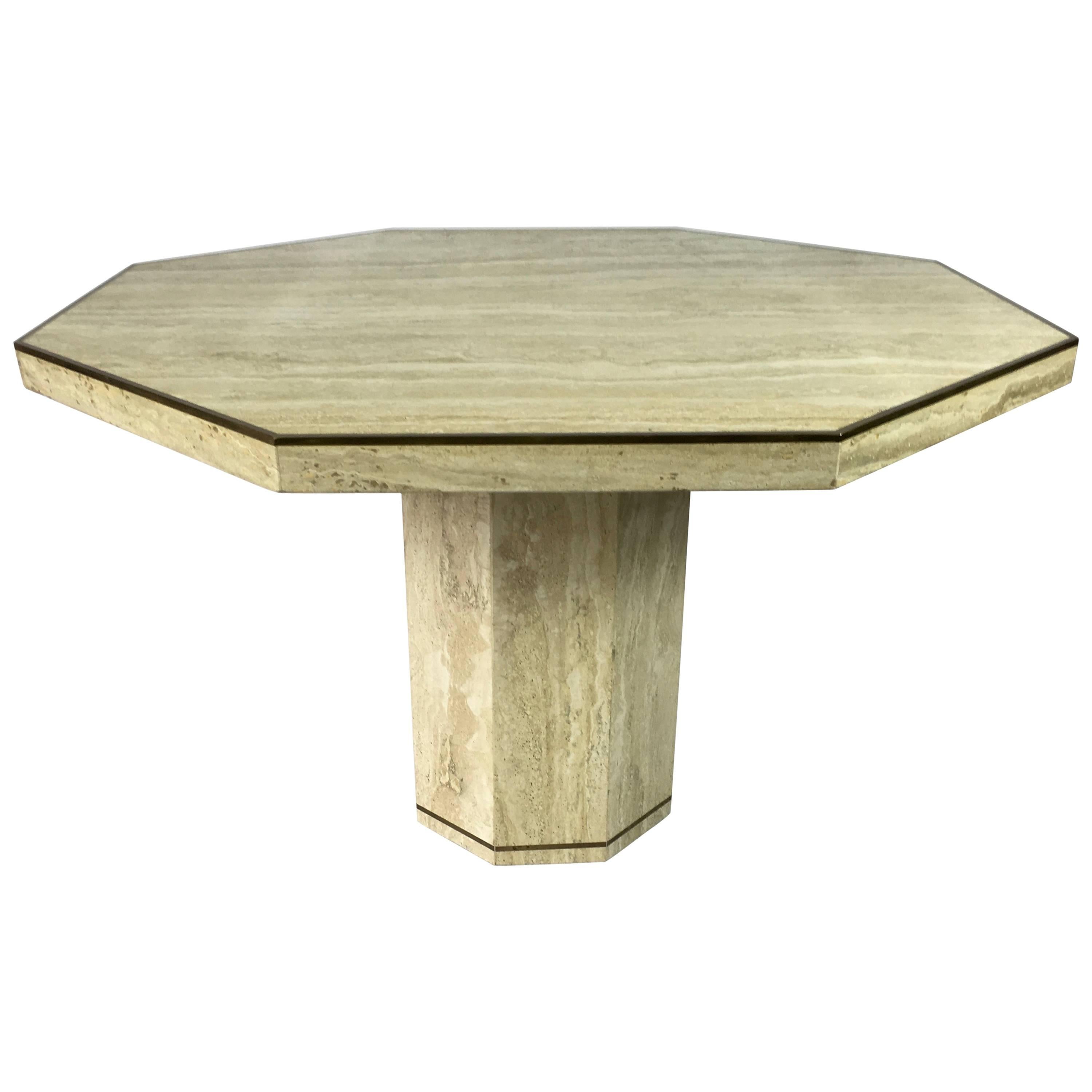 Travertine Marble Octagonal Center or Dining Table, with Brass Inlay by Ello